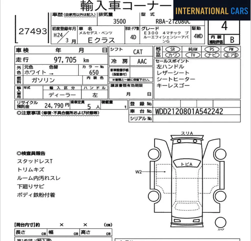 MERCEDES BENZ E-CLASS 4D 4WD E300 4MATIC BLUEEFFICIENCY AVANTGARDE 2012 — Fiche d'enchère japonaise | International Cars