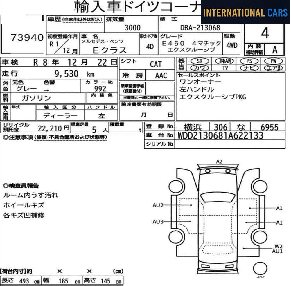 MERCEDES BENZ E-CLASS 4D 4WD E450 4MATIC EXCLUSIVE 2019 — Fiche d'enchère japonaise | International Cars