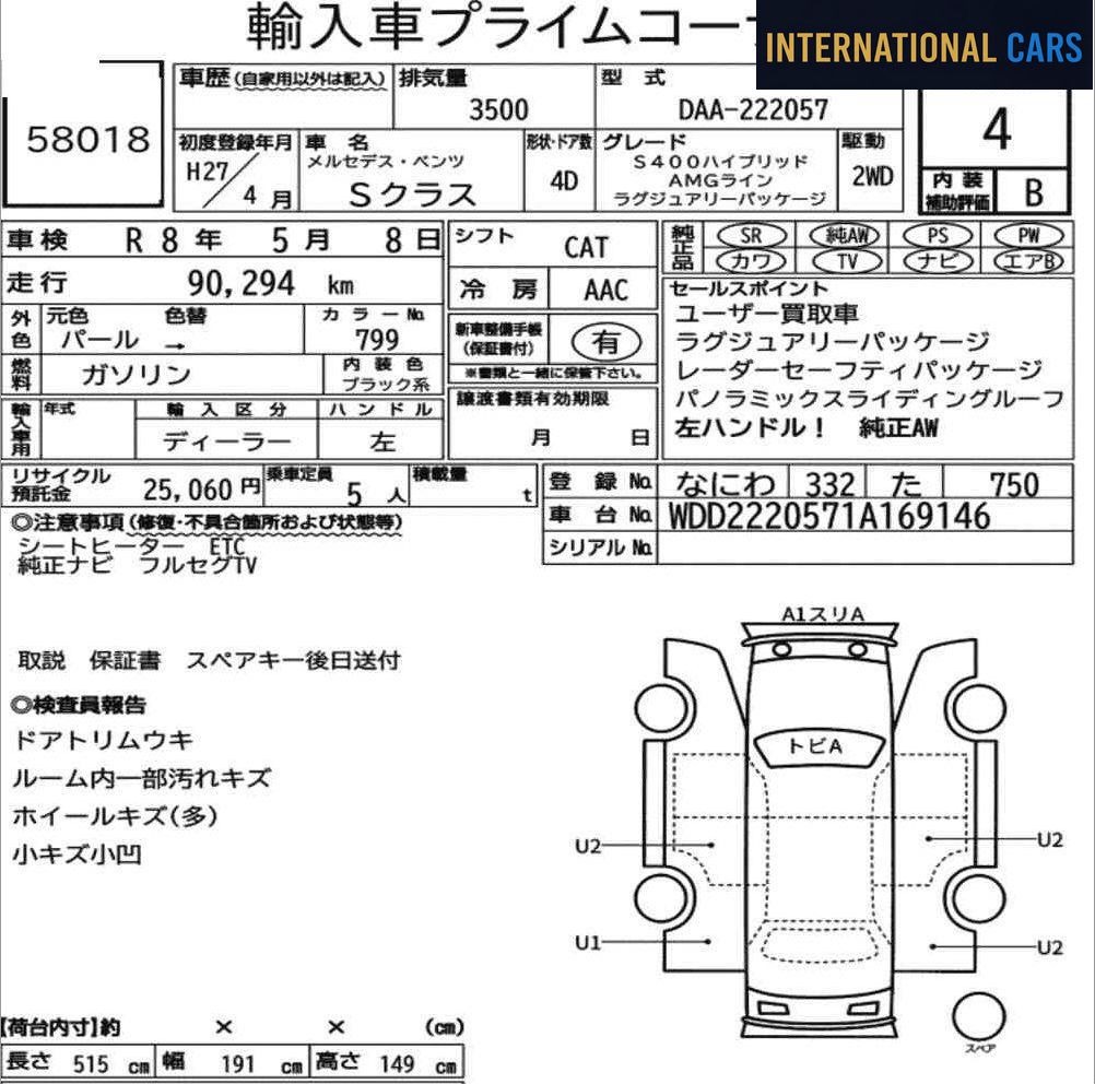 MERCEDES BENZ S-CLASS 4D S400 HYBRID AMG LINE 2015 — Fiche d'enchère japonaise | International Cars